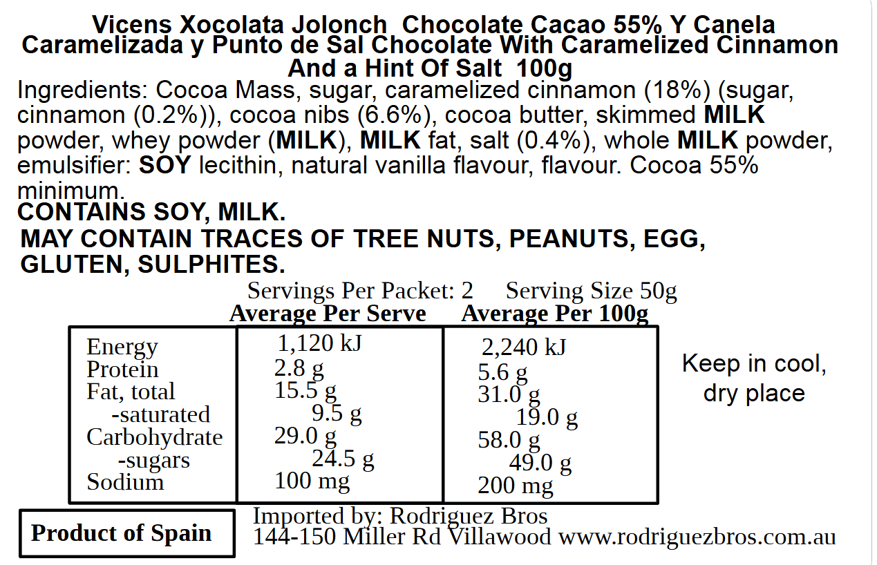 Vicens Xocolata Jolonch Chocolate Canela Caramelizada Al Punto De Sal 55% cacao Caramelised Cinnamon With Salt 100g