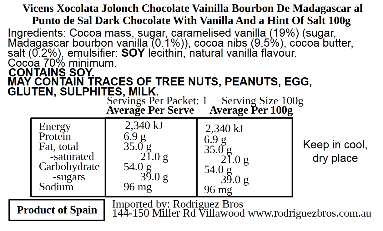 Vicens Xocolata Jolonch Chocolate Vainilla Bourbon De Madagascar Al Punto De Sal 70% cacao Bourbon Vanilla With Salt 100g