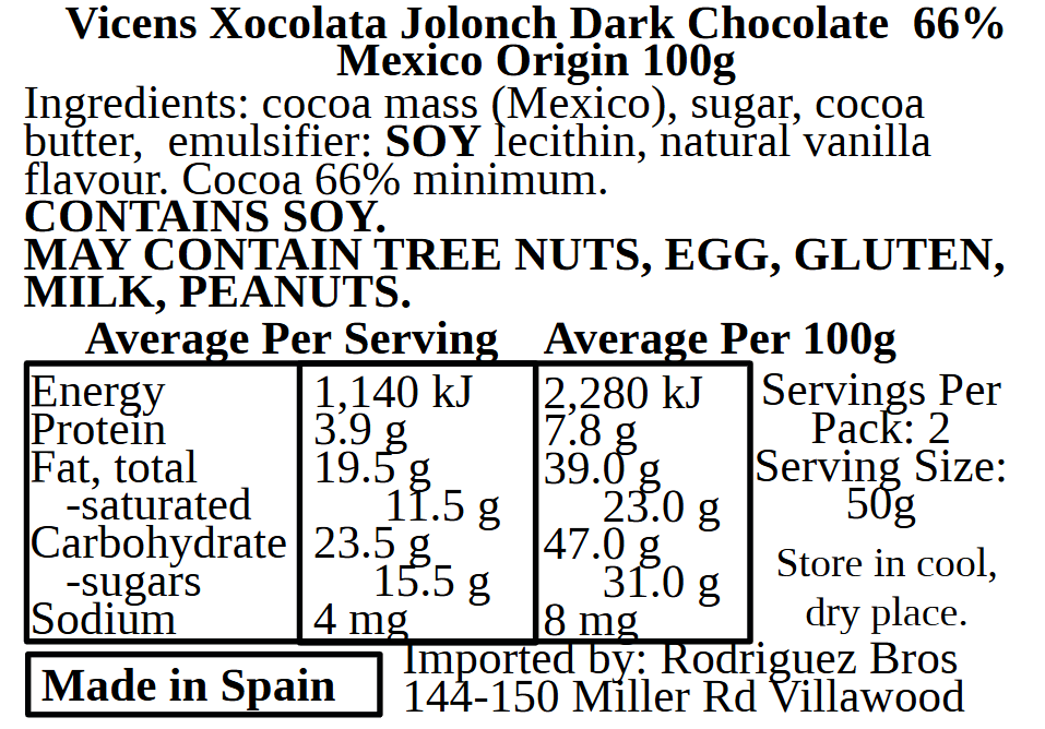 Vicens Xocolata Jolonch Chocolate Origines Mexico 66% Cacao Dark Chocolate With Mexico Cacao 100g (Best Before 30-04-2027)