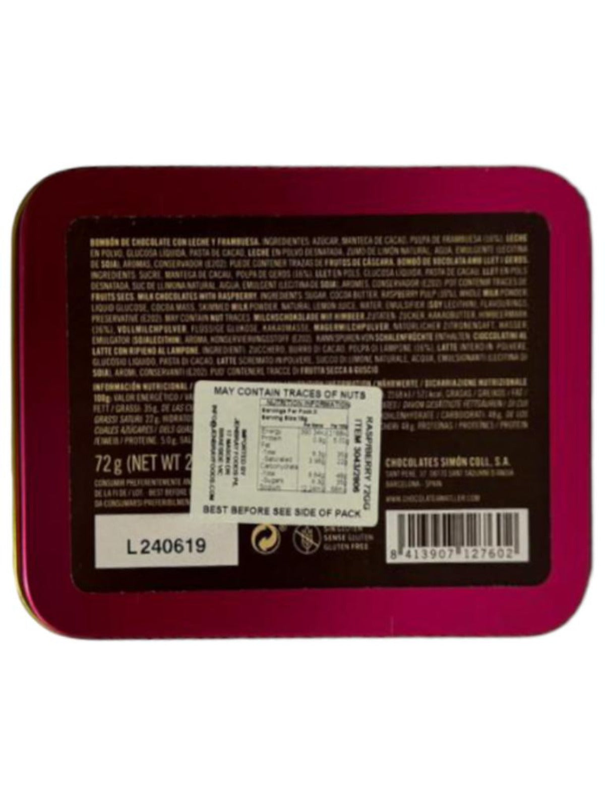 IN STORE ONLY - Chocolate Amatller Milk Chocolate with Raspberries 72g (Best Before 30-06-2026)