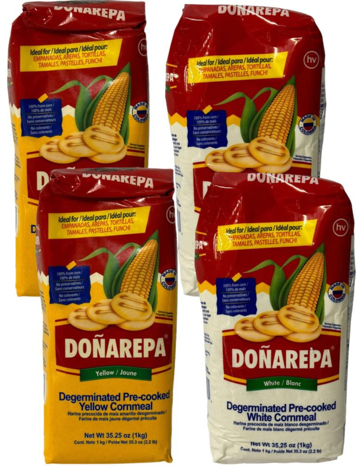 Donarepa Colombian Arepa White Corn Flour Twin Pack + Donarepa Colombian Yellow Corn Flour Twin Pack 1kg ea 4kg total