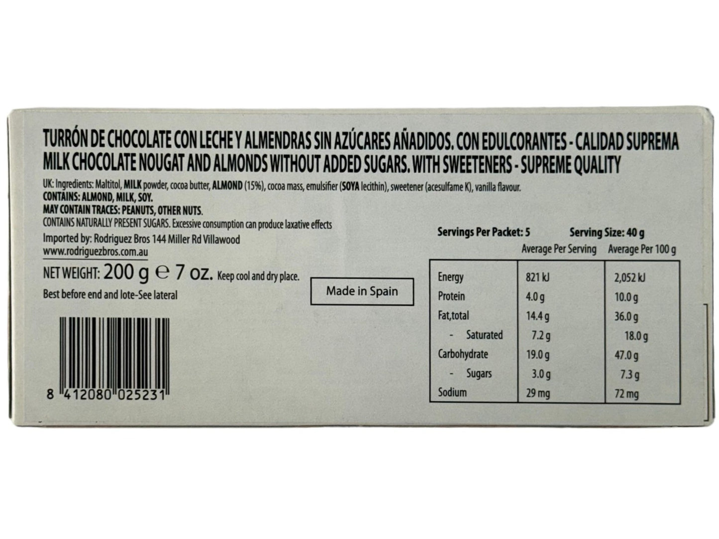 El Artesano Turron Sin Azucar Chocolate con Leche Y Almendras Spanish Sugar Free Milk Chocolate with Almonds Nougat 200g (Best Before 30-03-2026)