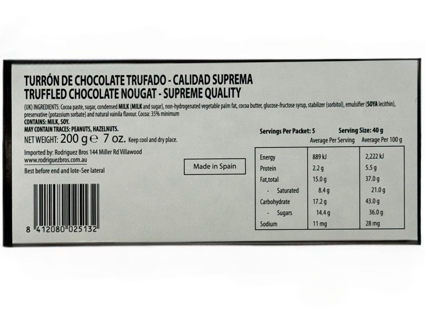 El Artesano Turron Chocolate Trufado Truffle Spanish Chocolate Nougat 200g (Best Before 30-12-2026)