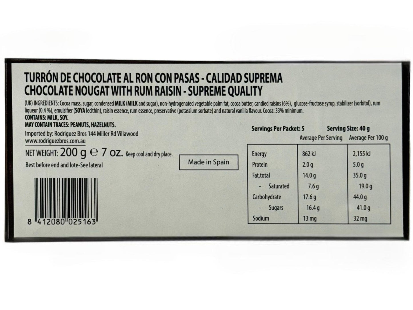 El Artesano Turron Chocolate al Ron con Pasas Spanish Rum and Raisin Chocolate Nougat 200g (Best Before 30-12-2026)