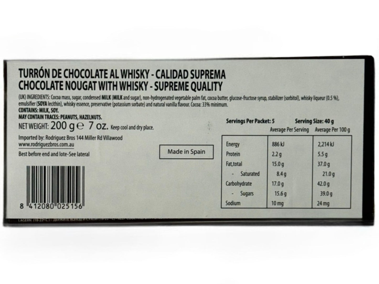 El Artesano Turron Chocolate al Whisky Spanish Nougat 200g (Best Before 30-12-2026)