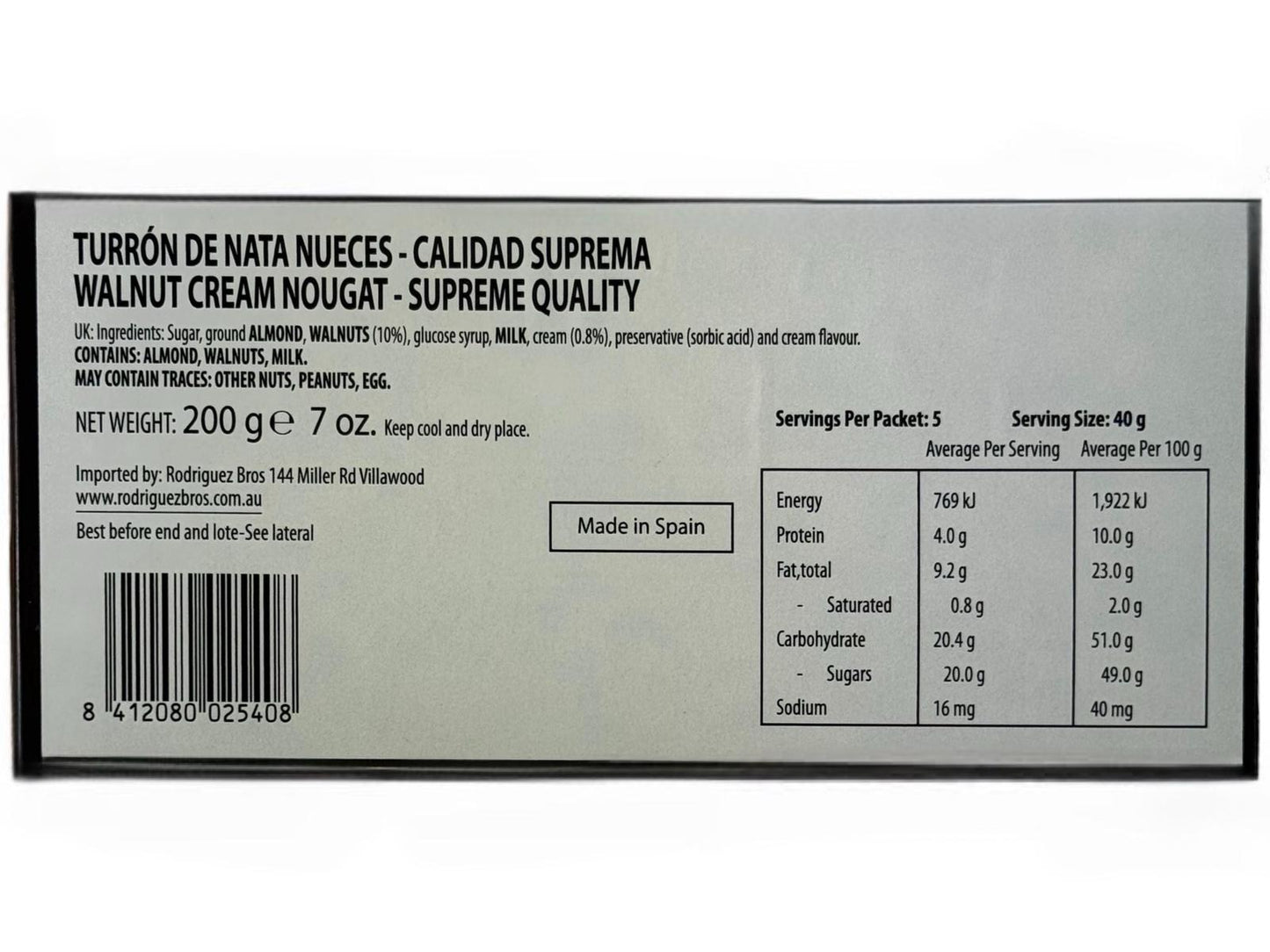 El Artesano Turron de Nata Nueces Spanish Turron from Walnuts 200g (Best Before 30-07-2025)