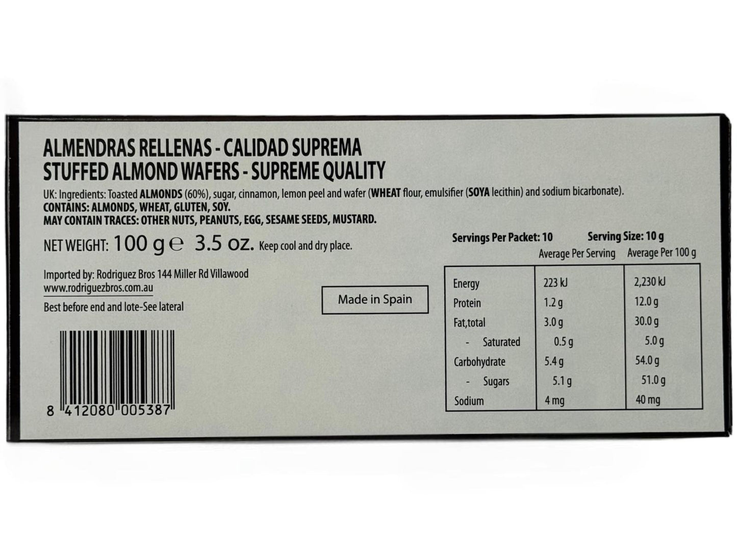 El Artesano Spanish Wafer Stuffed with Almond Cream Almendras Rellenas 100g (Best Before 30-01-2026)