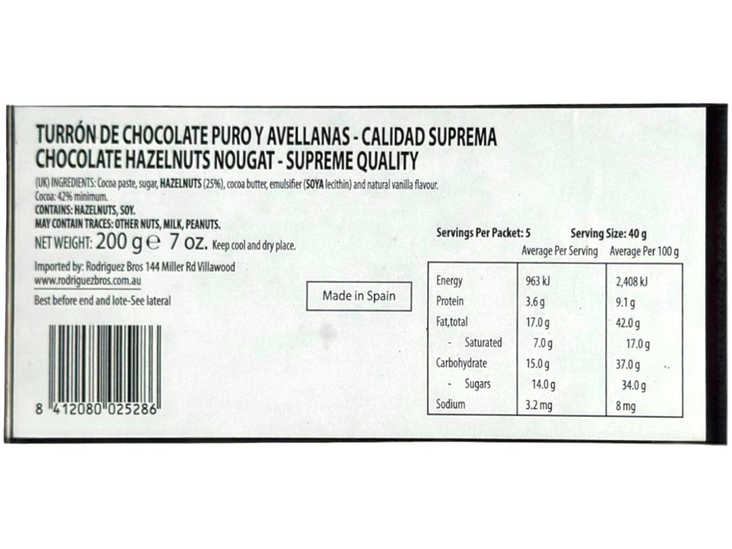 El Artesano Turron Chocolate Con Avellanas Spanish Chocolate Nougat With Hazelnuts 200g (Best Before 30-08-2026)