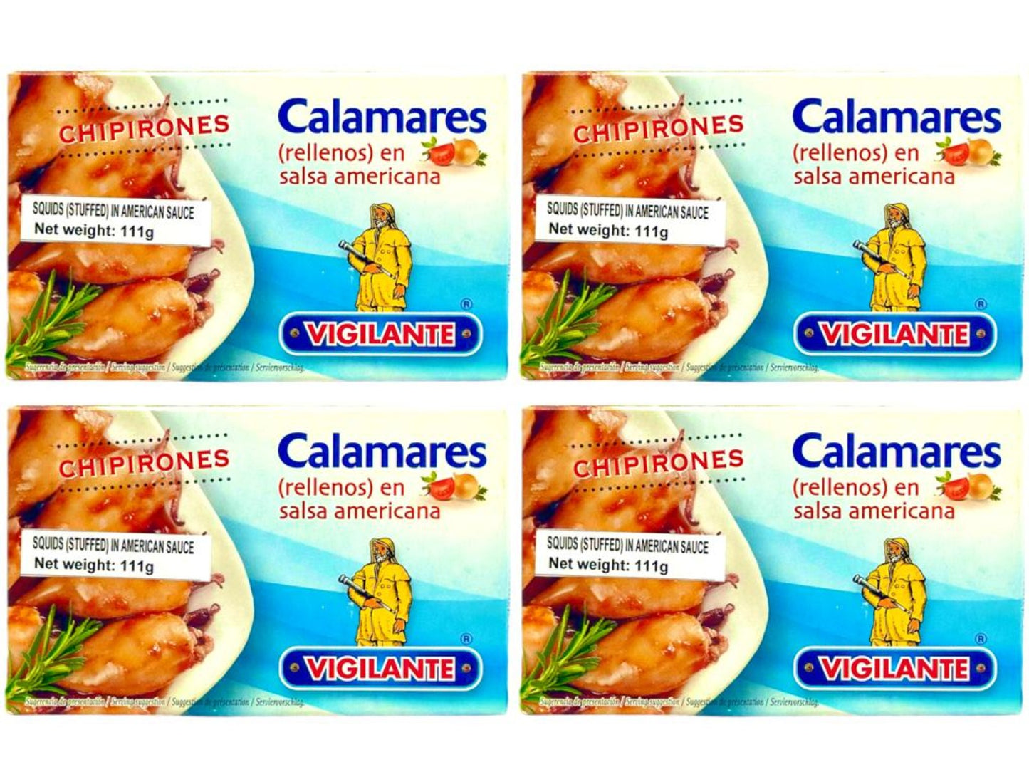 Vigilante Calamares (Rellenos) en Salsa Americana - Spanish Squids (Stuffed) in American Sauce 111g - 4 Pack Total 444g