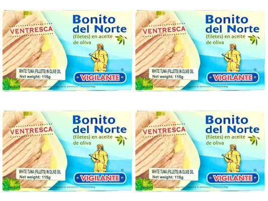Vigilante Bonito del Norte Filetes en Aceite de Oliva  - Spanish White Tuna Fillets in Olive Oil 115g - 4 Pack Total 640g