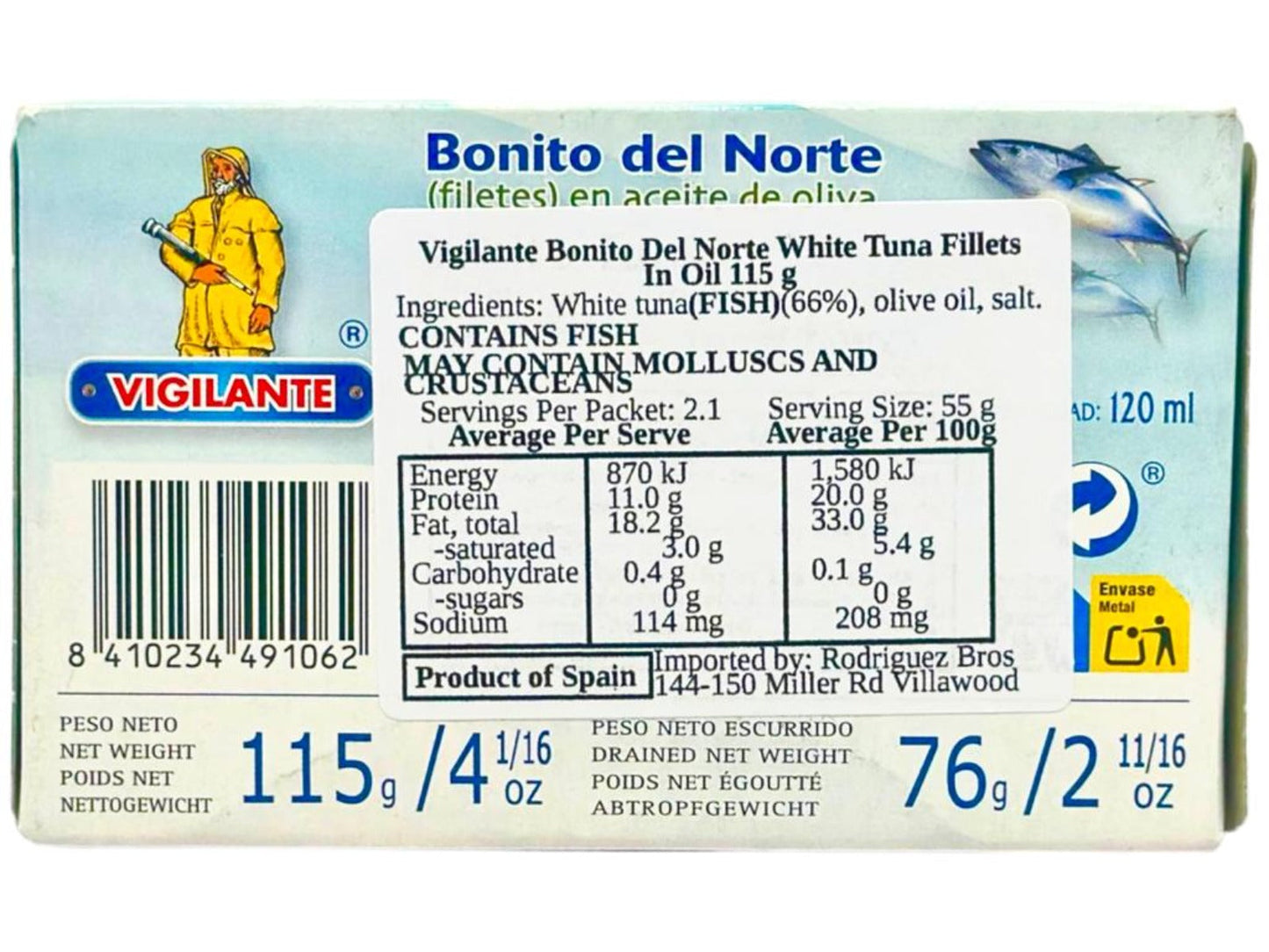 Vigilante Bonito del Norte Filetes en Aceite de Oliva - Spanish White Tuna Fillets in Olive Oil 115g - 4 Pack Total 640g