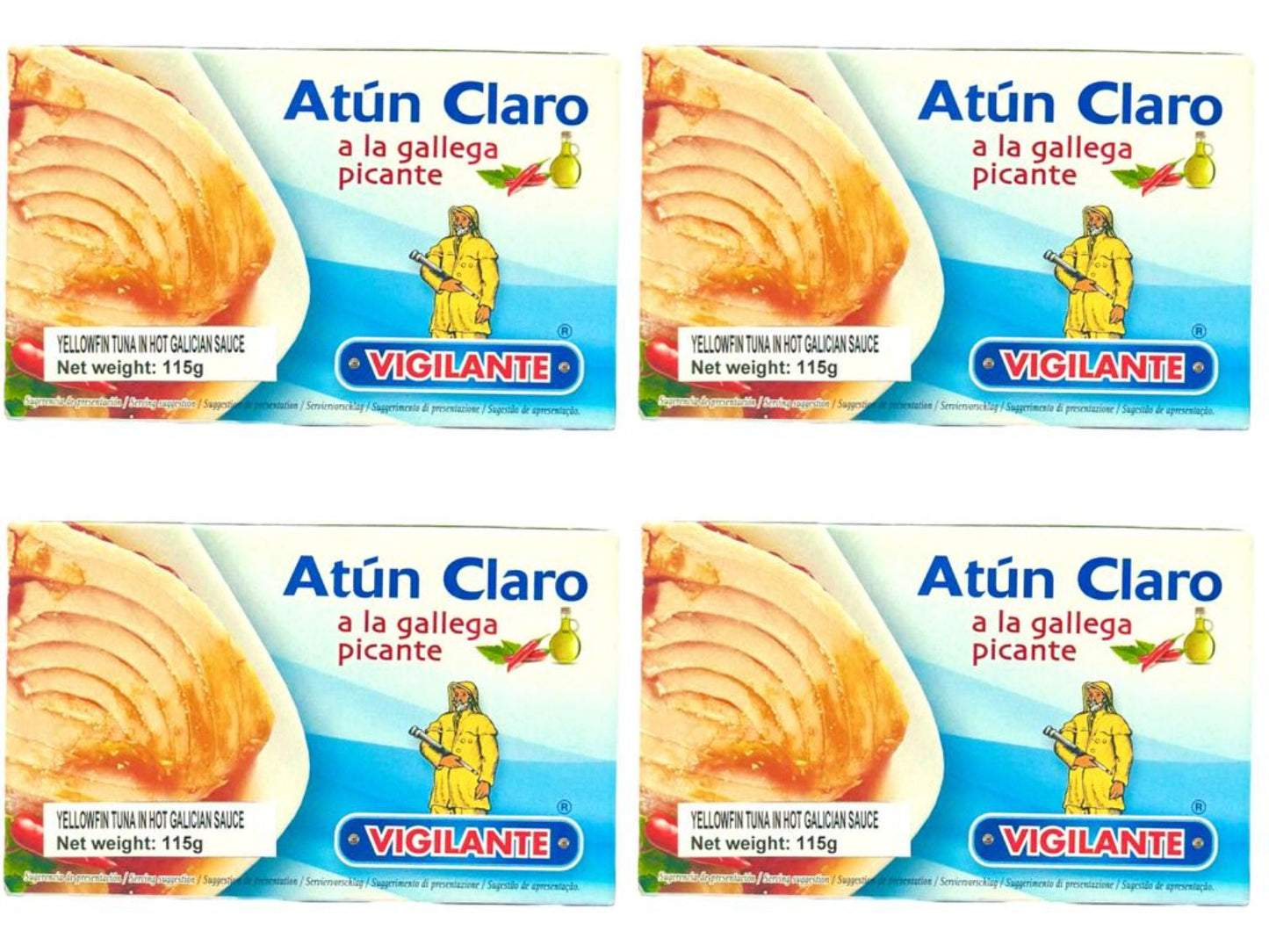 Vigilante Atun Claro a la Gallega Picante Spain - Spanish Yellowfin Tuna in Hot Galican Sauce 115g - 4 Pack Total 460g
