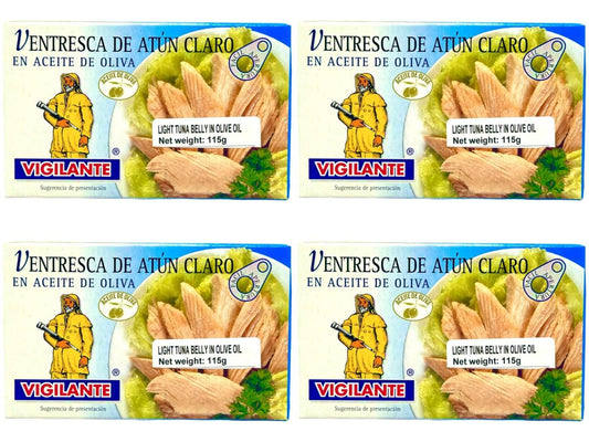 Vigilante Ventresca de Atun Claro en Aceite de Oliva Spain - Light Tuna Belly in Olive Oil 115g - 4 Pack Total 640g