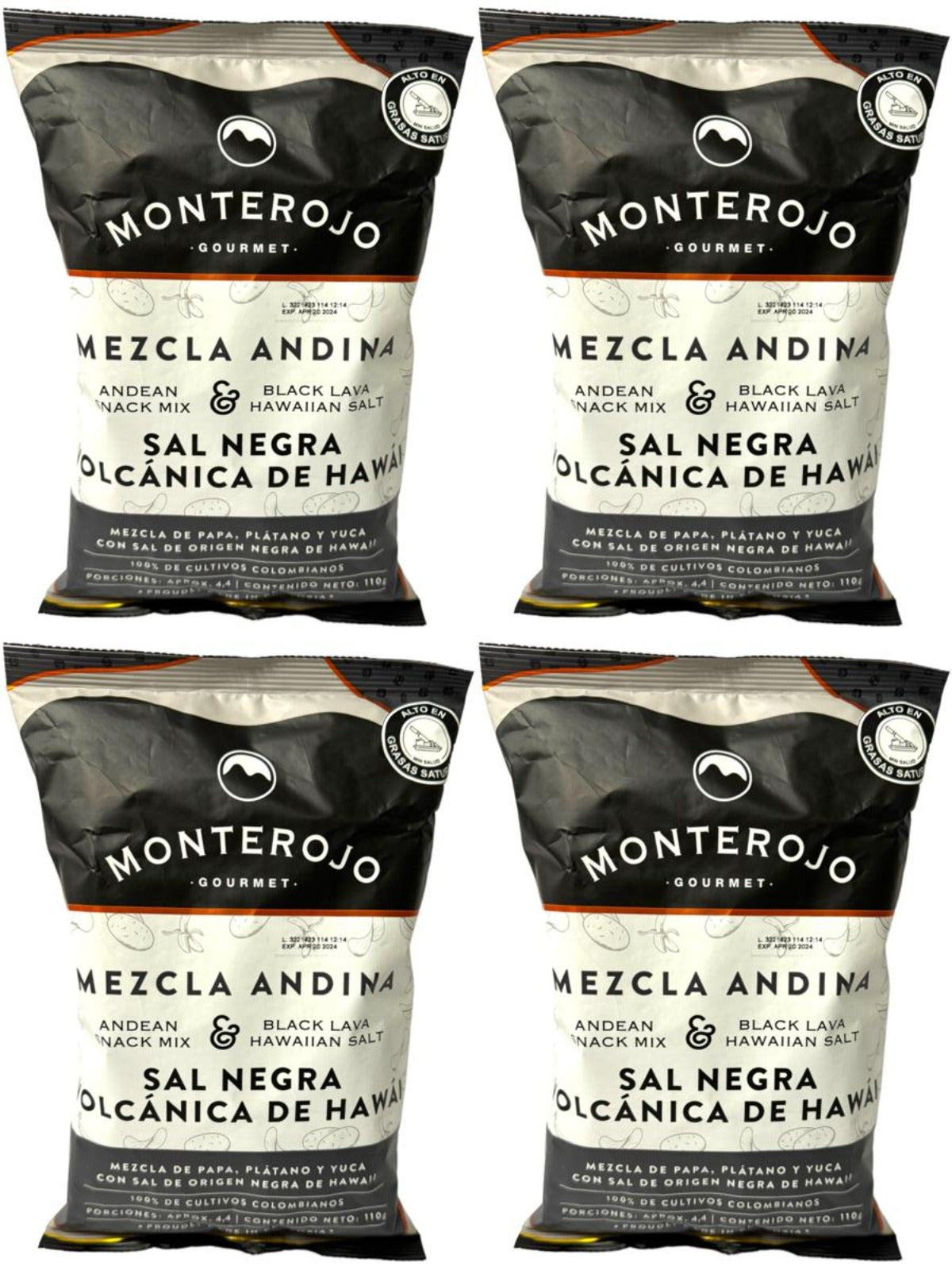 Monterojo Mezcla Andina Sal Negra Volcanica de Hawai Black Lava Hawaiian Salt Snack Mix 110g - 4 Pack Total 440g