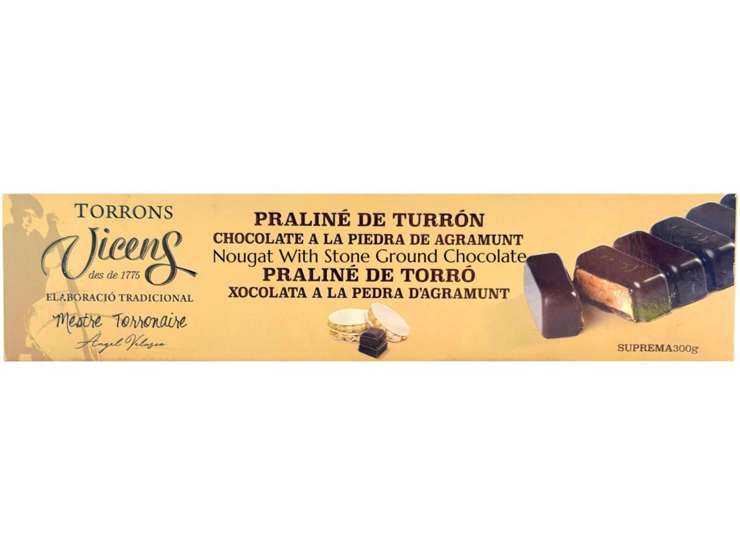 Vicens Praline De Turron Chocolate A La Piedra De Argamunt Spanish Nougat With Stone Ground Chocolate 300g (Best Before 01-10-2026)