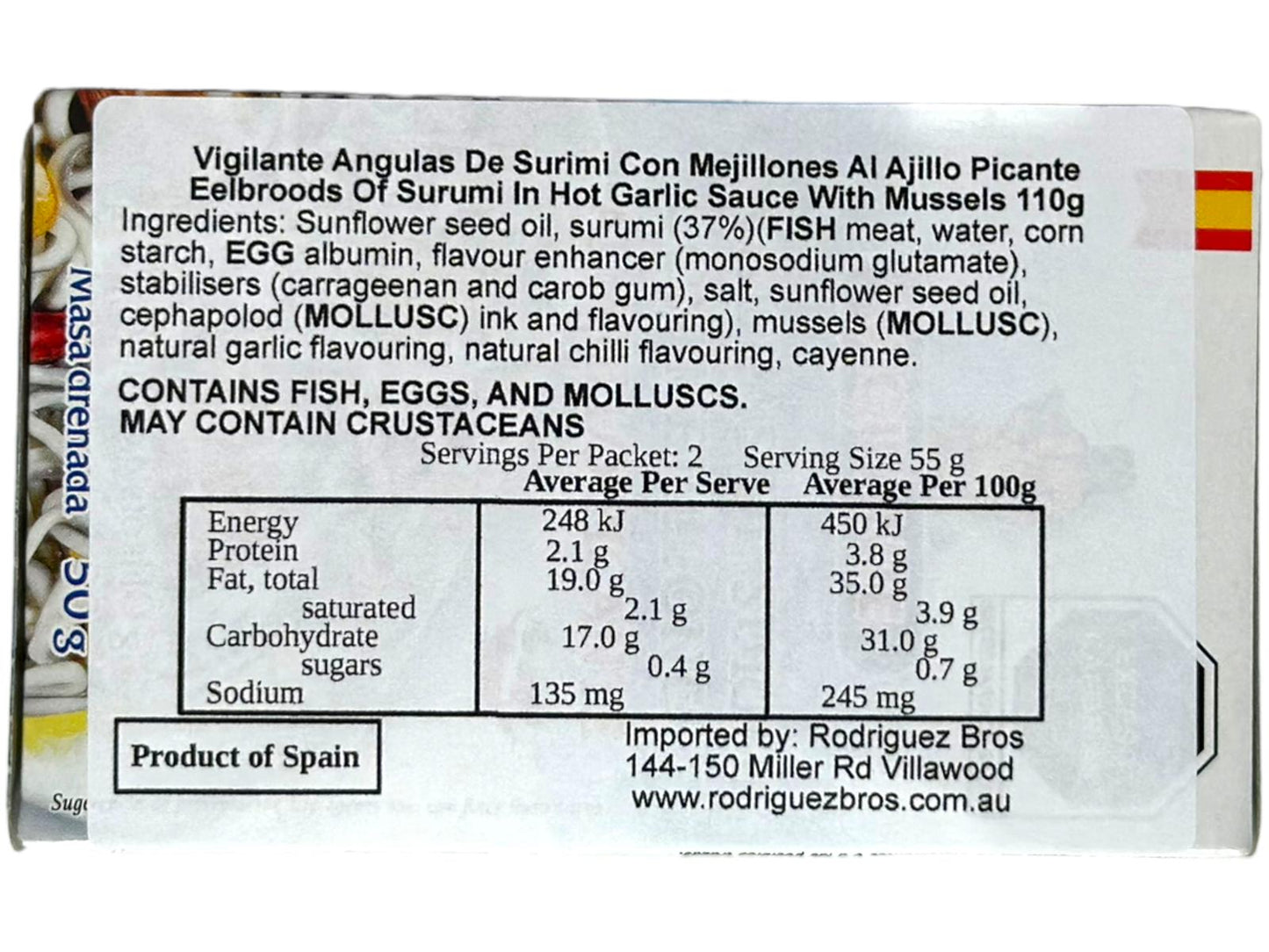 Vigilante Angulas De Surimi Con Mejillones Al Ajillo Picante - Eel broods of Surimi In Hot Garlic Sauce with Mussels 110g