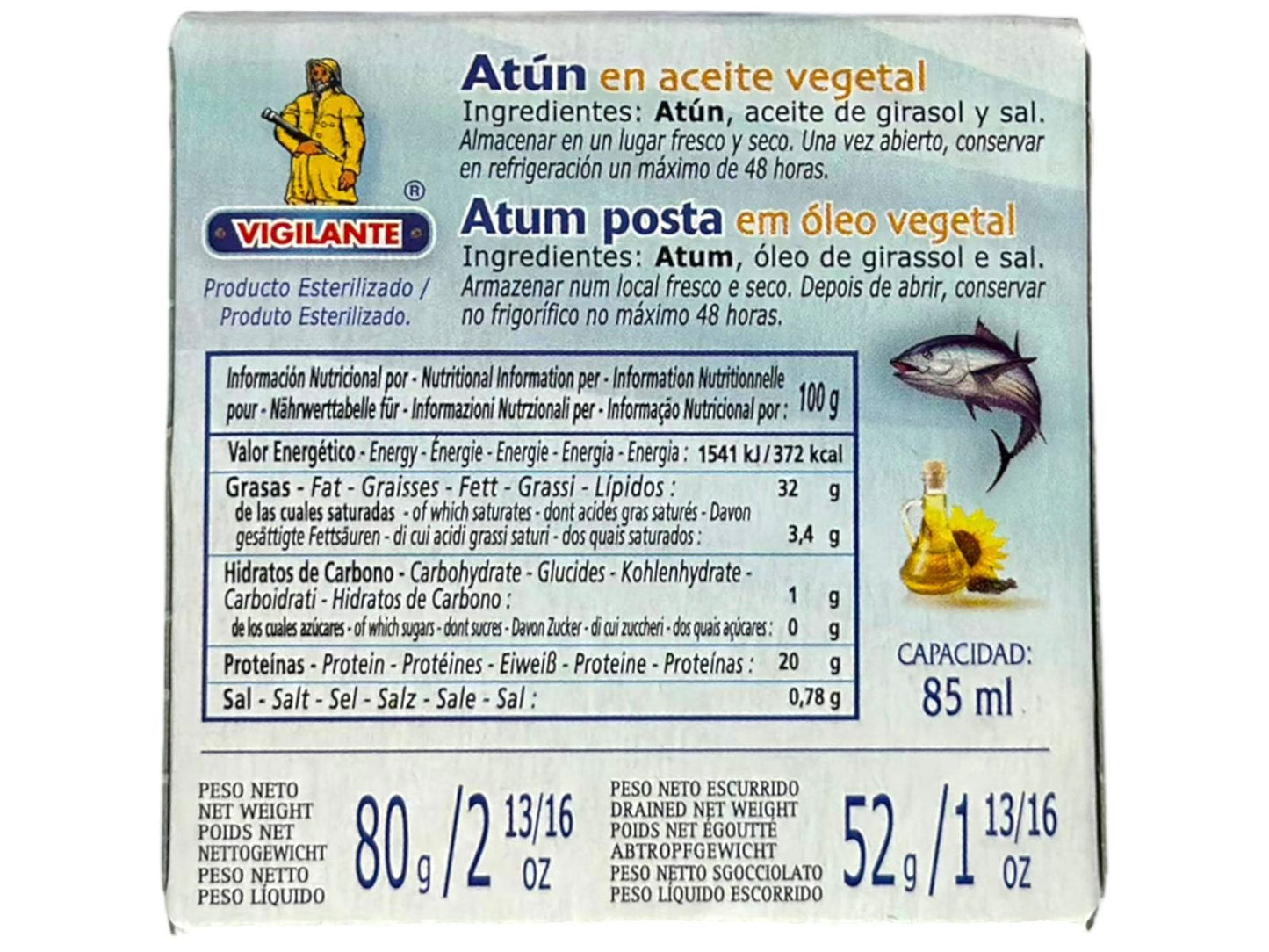 Vigilante Atun En Aceite Vegetal Tuna In Vegetable Oil 80g