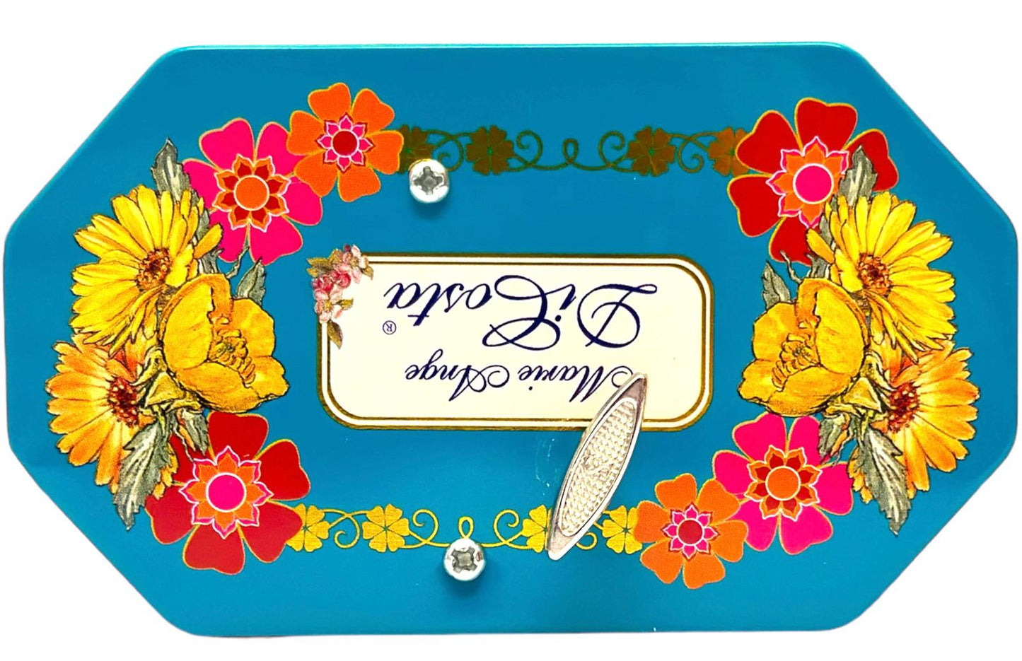 Marie Ange di Costa Italian Music Box Empty Decorative Tin —Octagonal in Cyan
