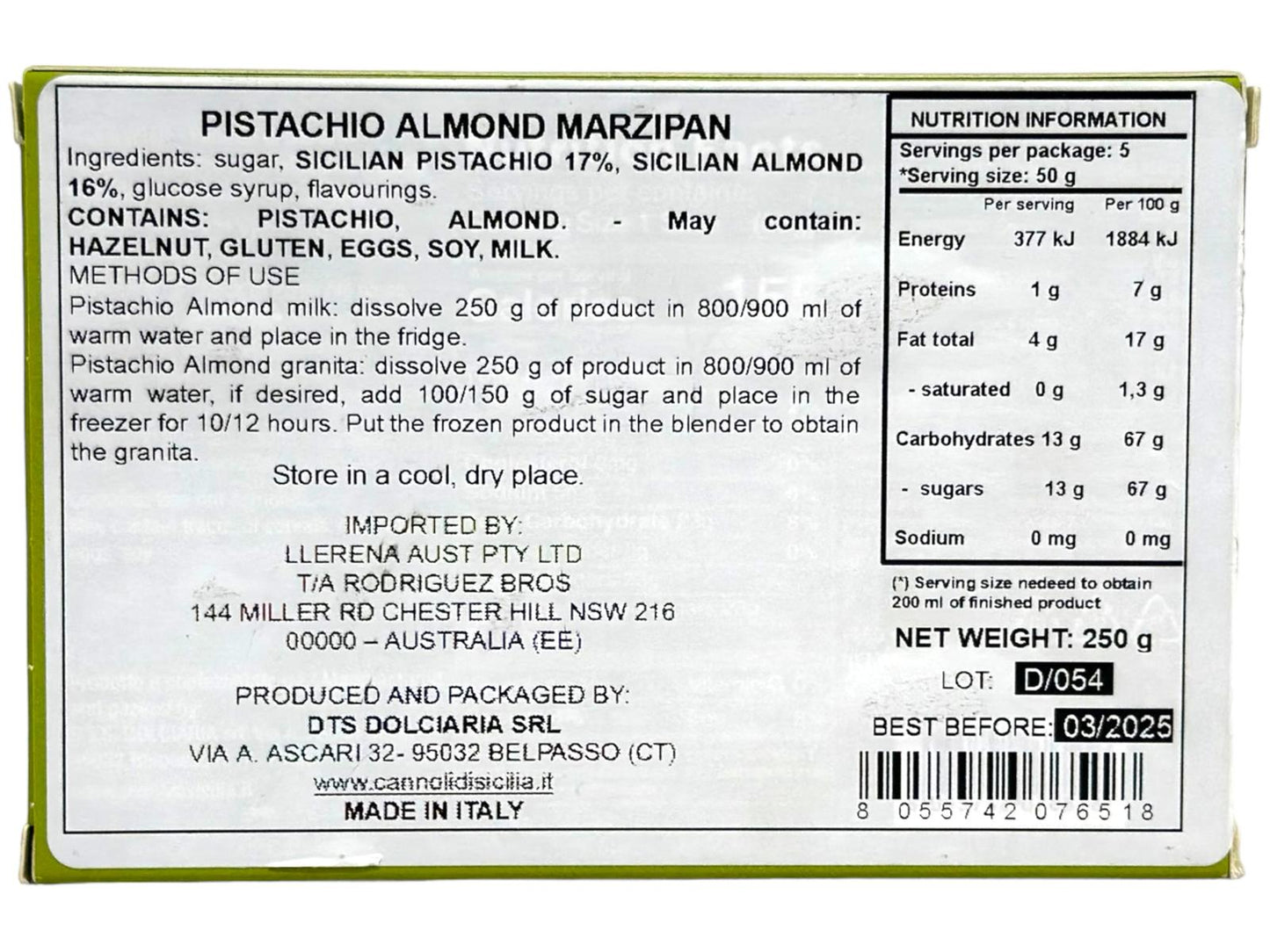 Pennisi Panetto Di Pasta Mandorla Al Pistacchio Almond Pistachio Marzipan 250g Twin Pack- 500g Total (Best Before 31-01-2025)