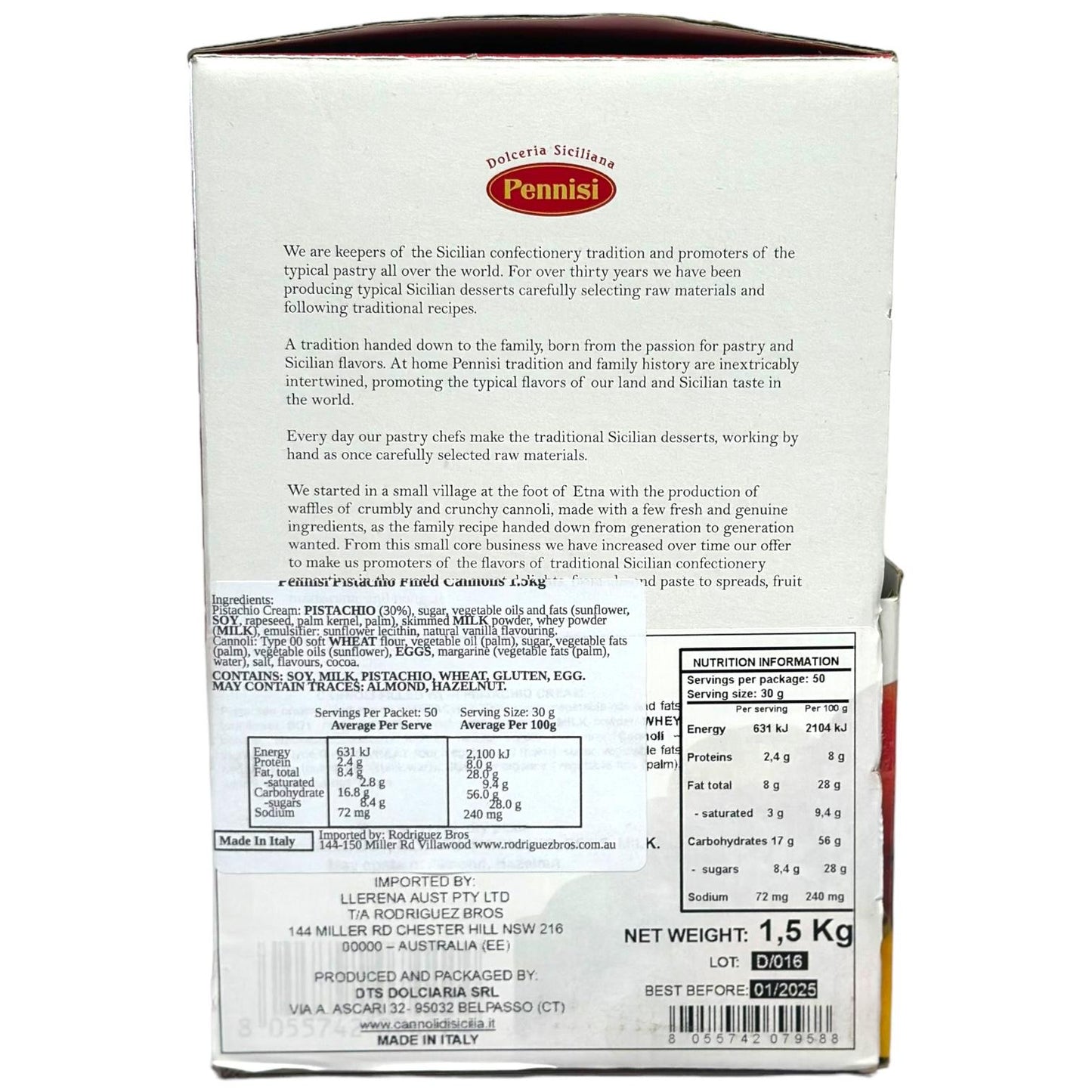 Pennisi Espositore Pistacchio Cannoli Display Box Italian Pistachio Filled Cannolis 1.5kg (Best Before 31-01-2025)