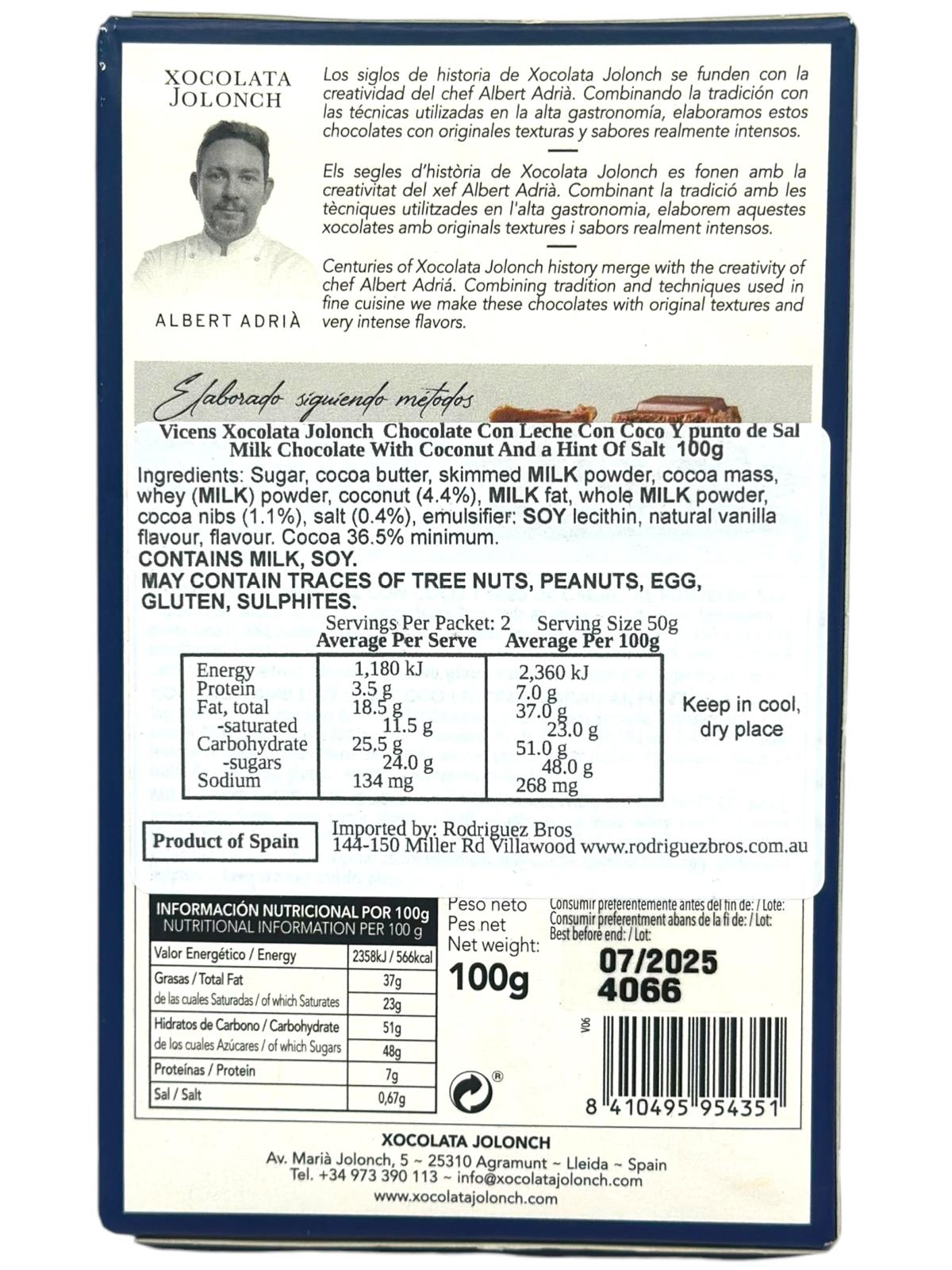 Vicens Xocolata Jolonch Chocolate Con Leche & Coco al Punto De Sal Milk Chocolate With Coconut And Salt 100g (Best Before 01-07-2025)