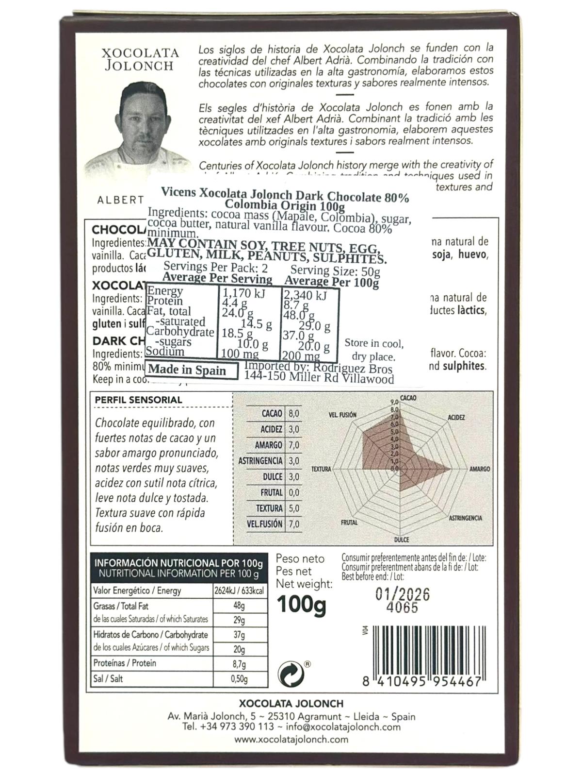 Vicens Xocolata Jolonch Chocolate Origines Colombia 80% Cacao Dark Chocolate With Colombian Cacao 100g (Copy) (Best Before 01-01-2025)