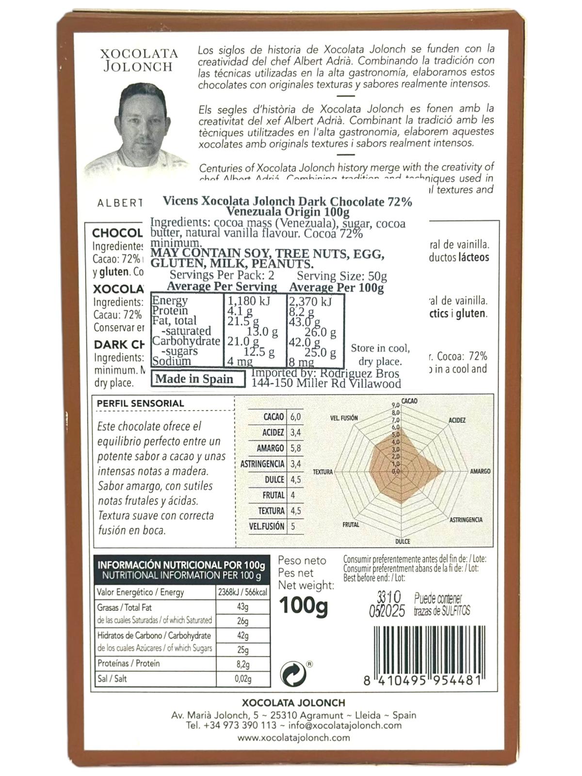 Vicens Xocolata Jolonch Chocolate Origines Venezuela 72% Cacao Dark Chocolate With Venezualan Cacao 100g (Best Before 01-05-2025)