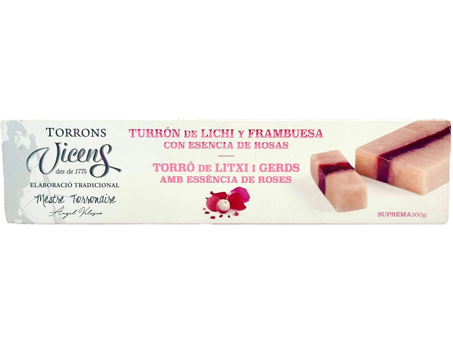 Vicens Turron De Lichi Y Frambuesa Con Essencia De Rosas Lychee Strawberry Nougat With Rose Essence 300g (Best Before 01-06-2025)