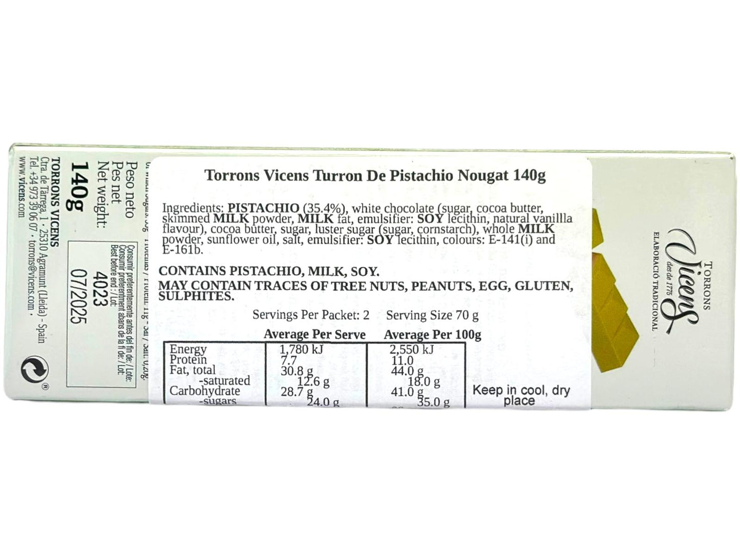 Vicens Turron De Pistacho Pistaccio Nougat 140g (Best Before 31-07-2025)