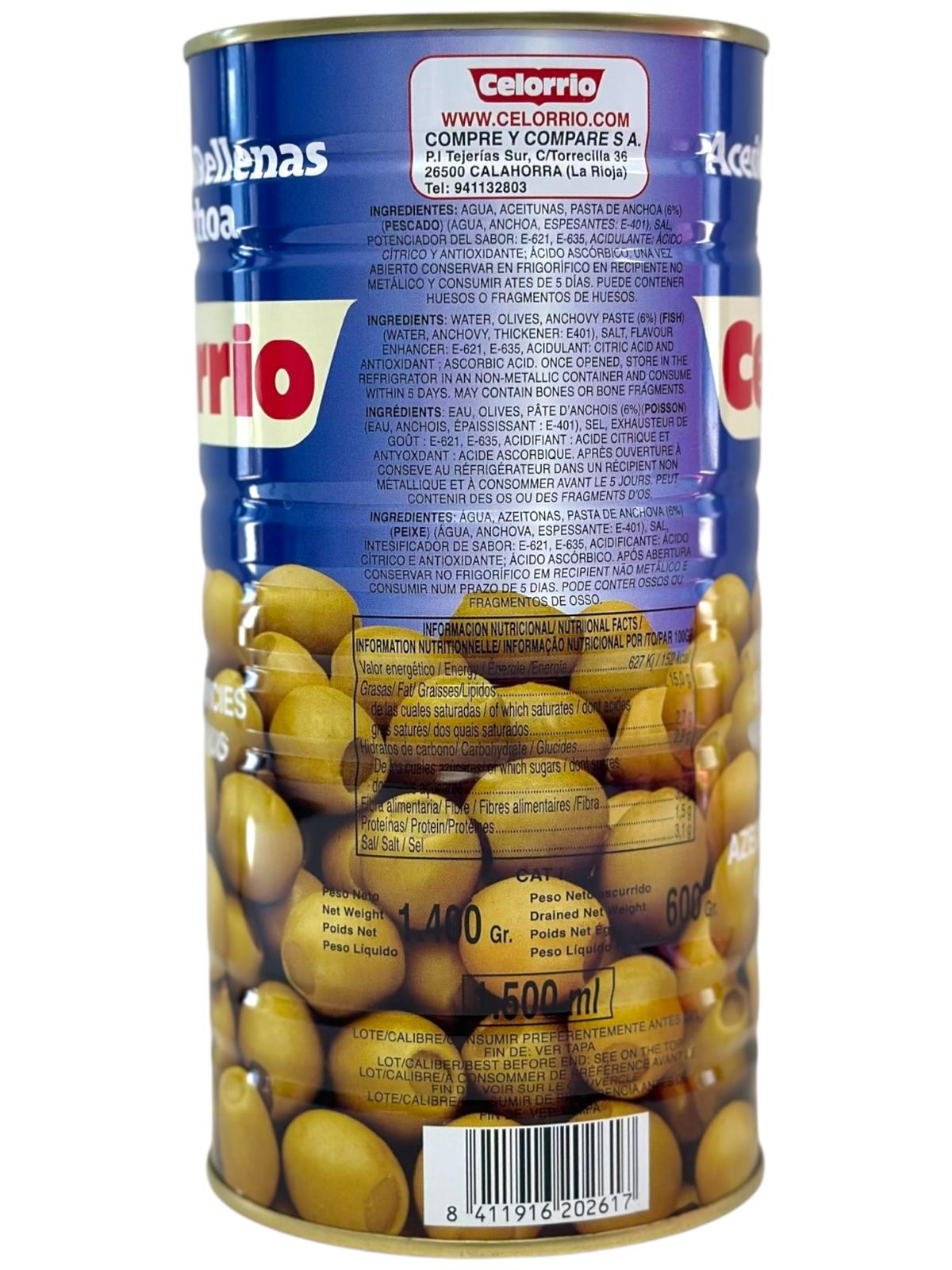 Celorrio Aceitunas Rellenas de Anchoa Stuffed Olives with Anchovies 1.4kg (Best Before 07-03-2027)