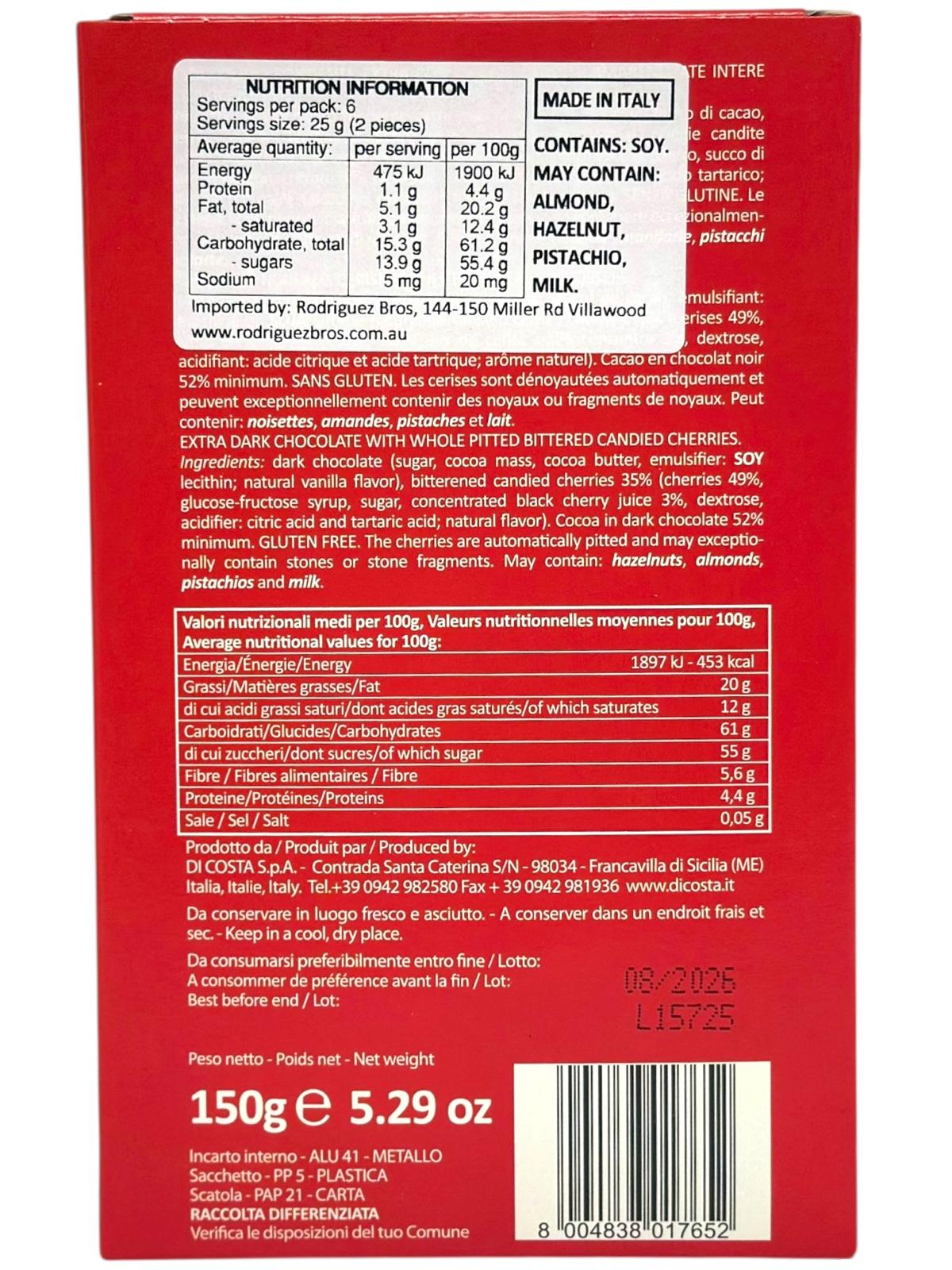 Marie Ange di Costa Flower Fairy Cioccolato fordente extra con Ciliegie 150g (Best Before 01-08-2026)