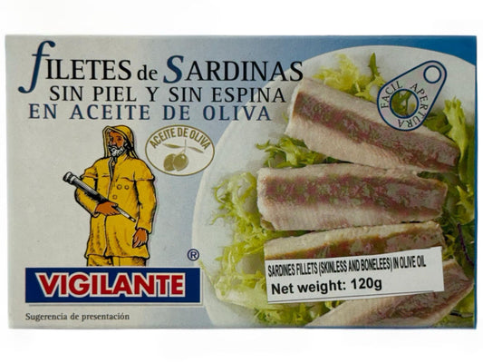Vigilante Filetes de Sardinas sin Piel y sin Espina en Aceite de Oliva - Sardine Fillets (Skinless and Boneless) in Olive Oil 120g