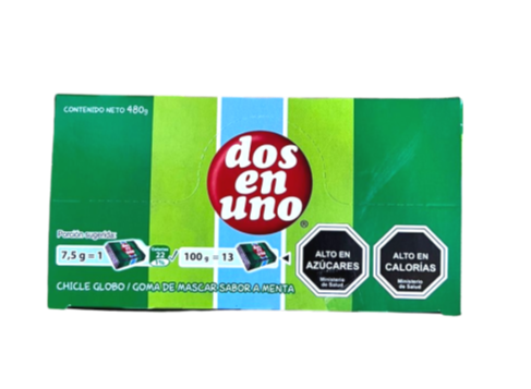 Dos En Uno Chicle Globo Mint Bubble Gum 480g Box of 60