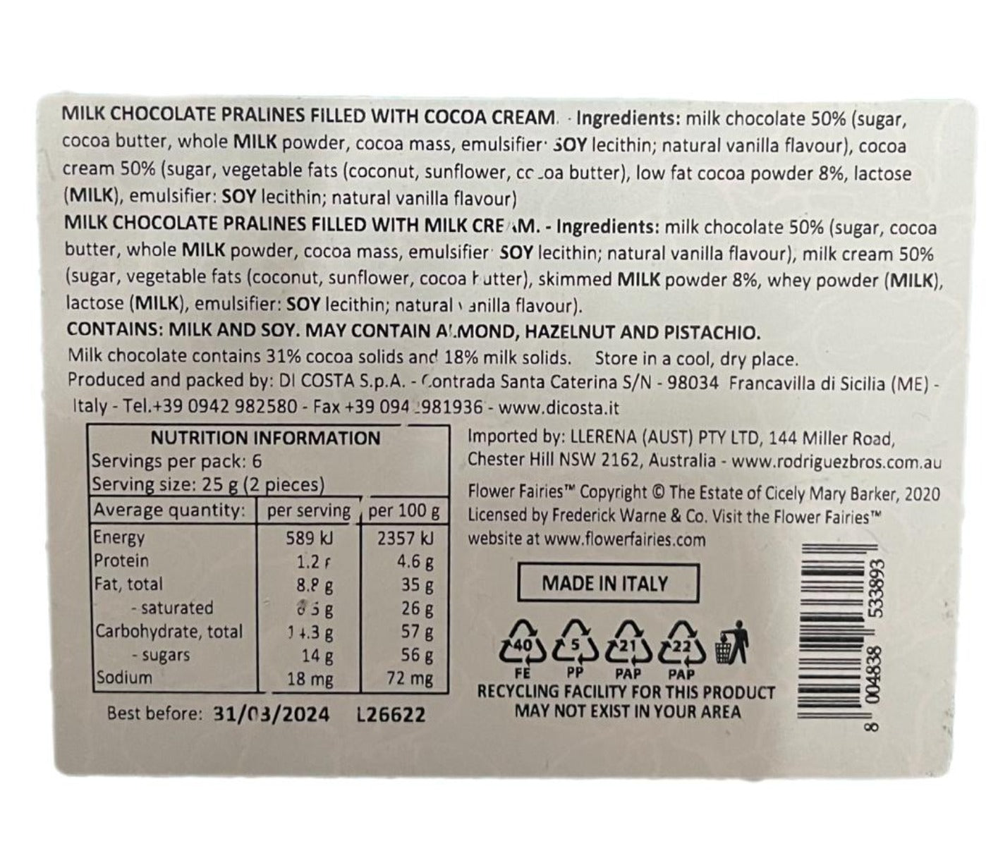 Marie Ange di Costa Flower Fairy Italian Praline Chocolates-- Snella in Cyan 140g