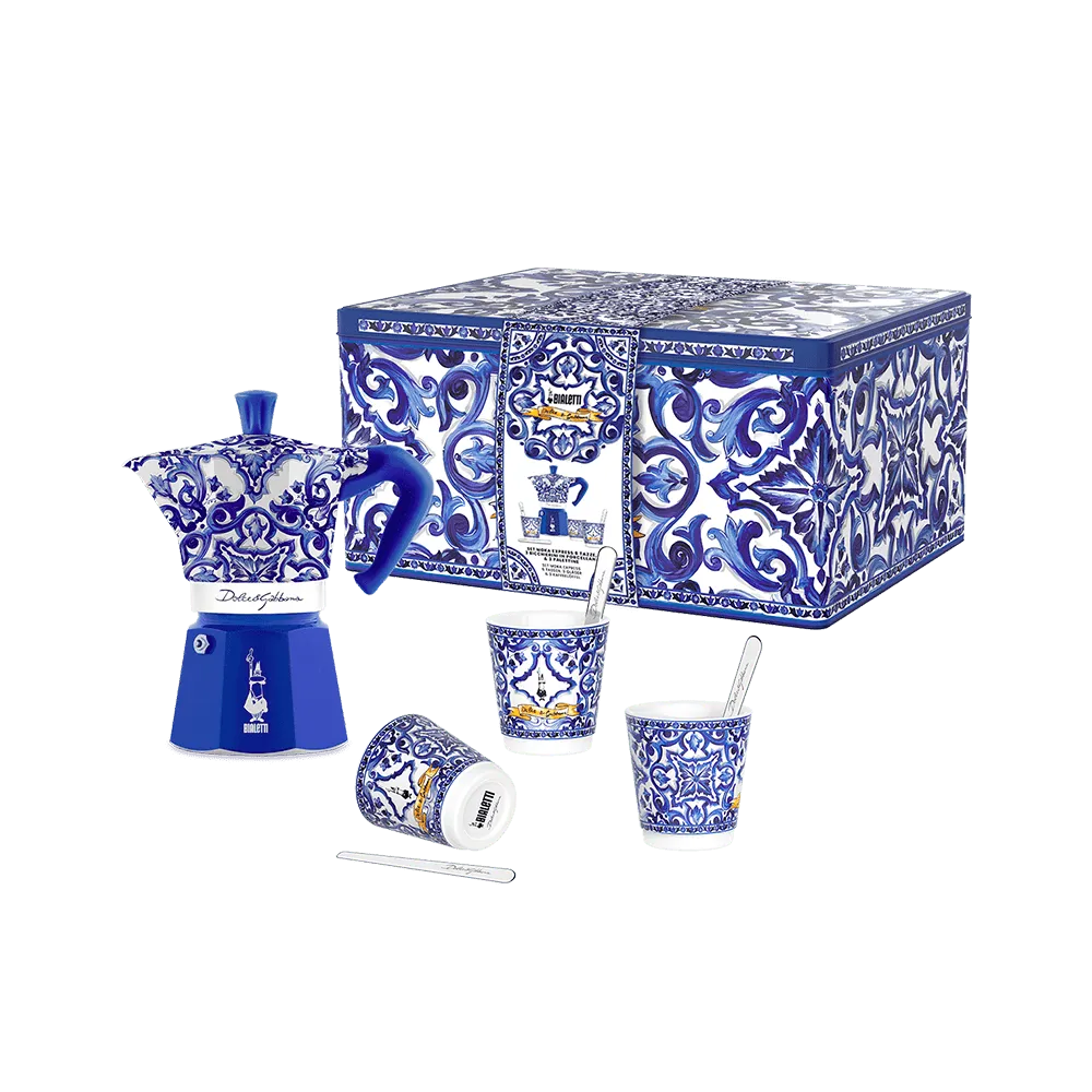 Bialetti Dolce & Gabbana 3-cup Moka Express Blu Mediterraneo, 3 porcelain cups and 3 silver stirrers