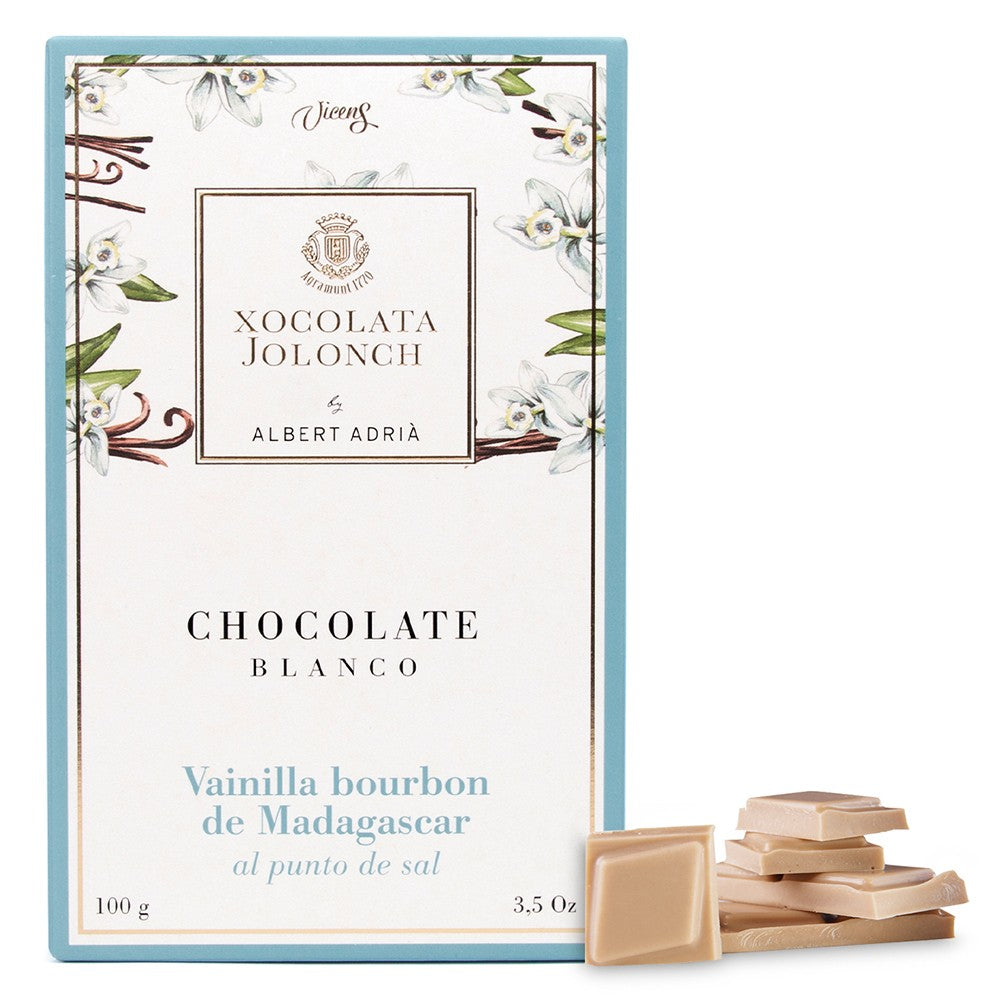 Vicens Xocolata Jolonch Chocolate Blanco Vainilla Bourbon De Madagascar Al Punto De Sal White Chocolate Bourbon Vanilla With Salt 100g