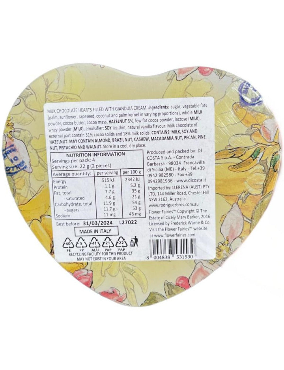 Marie Ange di Costa Italian Valentine's Day Chocolate Love Hearts in Flower Fairy Tin-The Kiss 90g