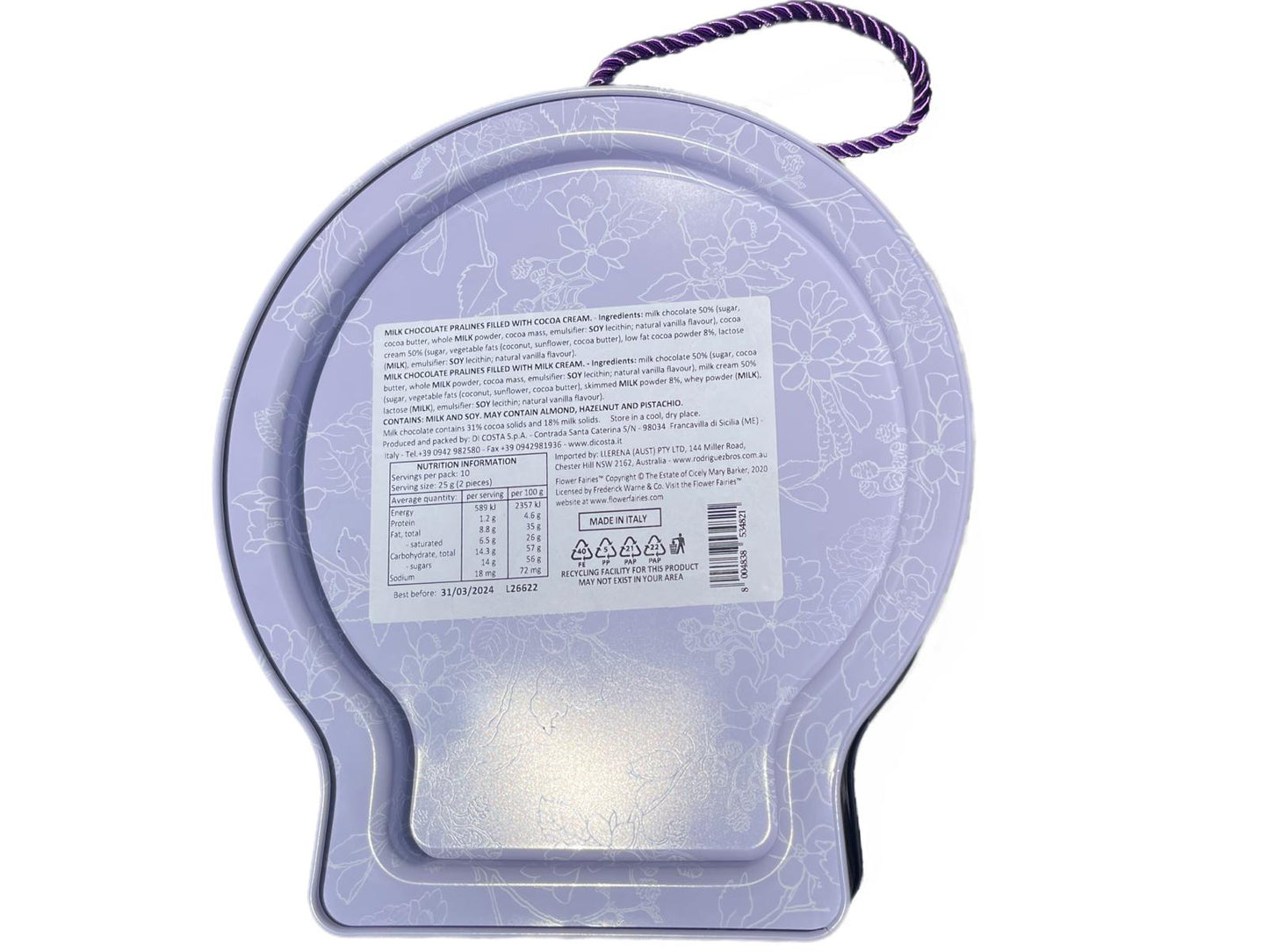 Marie Ange di Costa Italian Flower Fairy Circular Tin in Violet with Praline Chocolates 250g