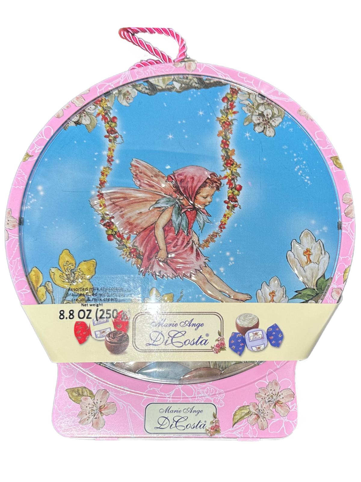 Marie Ange di Costa Italian Flower Fairy Circular Tin with Praline Chocolates in Rose 250g