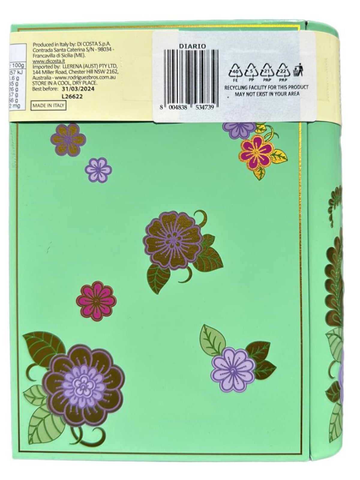 Marie Ange di Costa Flower Fairy Italian Praline Chocolates--Diary in Lime 140g