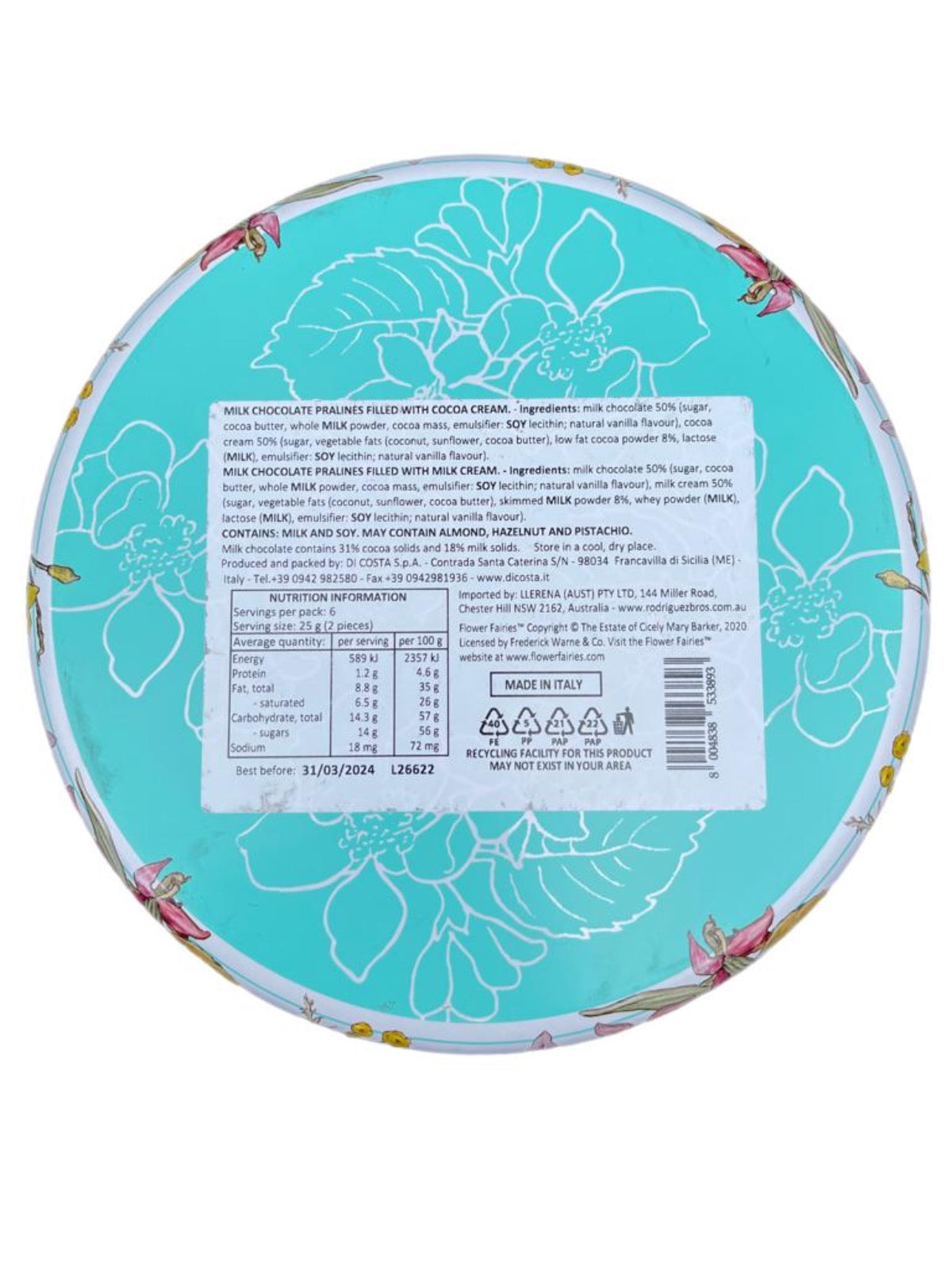 Marie Ange di Costa Flower Fairy Italian Praline Chocolates--Globe in Sky Blue 140g