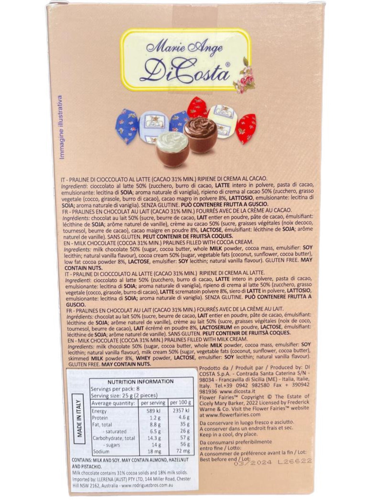 Marie Ange di Costa Flower Fairy Italian Praline Chocolates Assorted Flavours 200g Best Before 03/2024