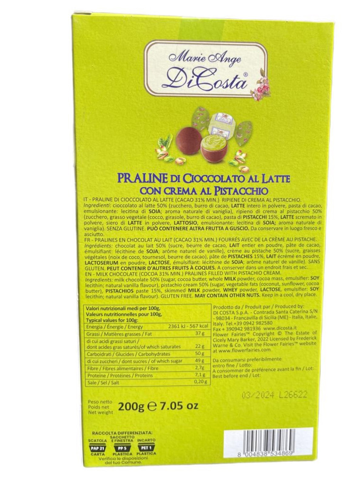 Marie Ange di Costa Flower Fairy Italian Praline Chocolates with Pistachio 200g