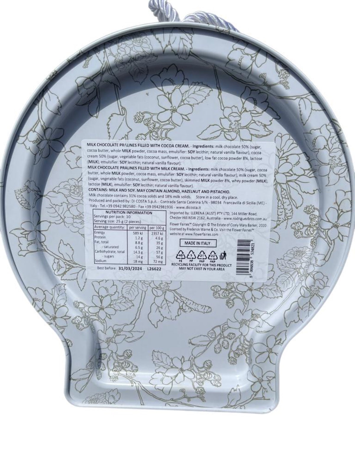 Marie Ange di Costa Italian Flower Fairy Circular Tin in Snow with Praline Chocolates 250g