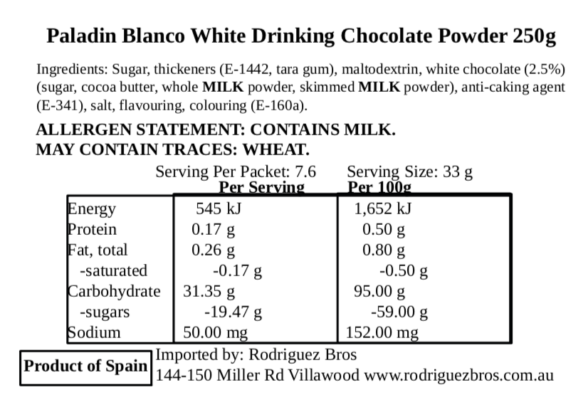 Paladin Blanco Spanish White Drinking Chocolate 250g