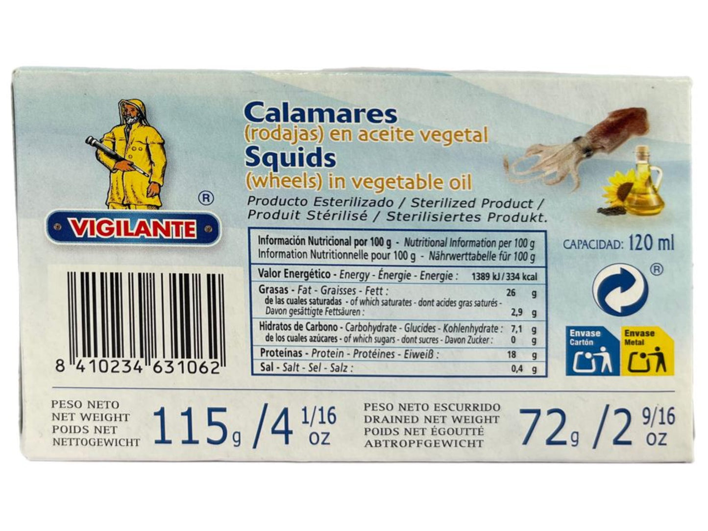 Vigilante Calamares Rodajas en Aceite Vegetal Calamari in Vegetable Oil 115g
