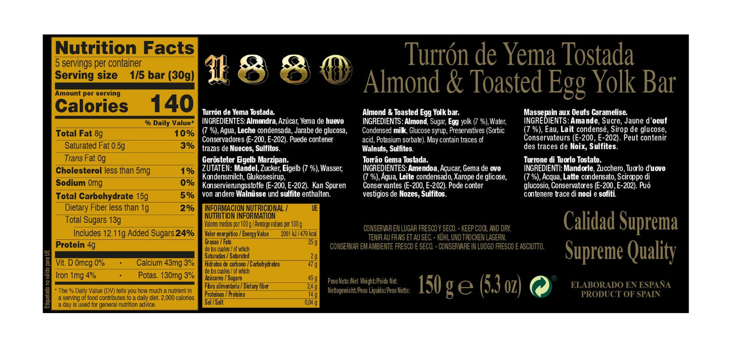 1880 Turron de Yema Tostada Premium Edition Almond & Toasted Egg Yolk Bar 150g