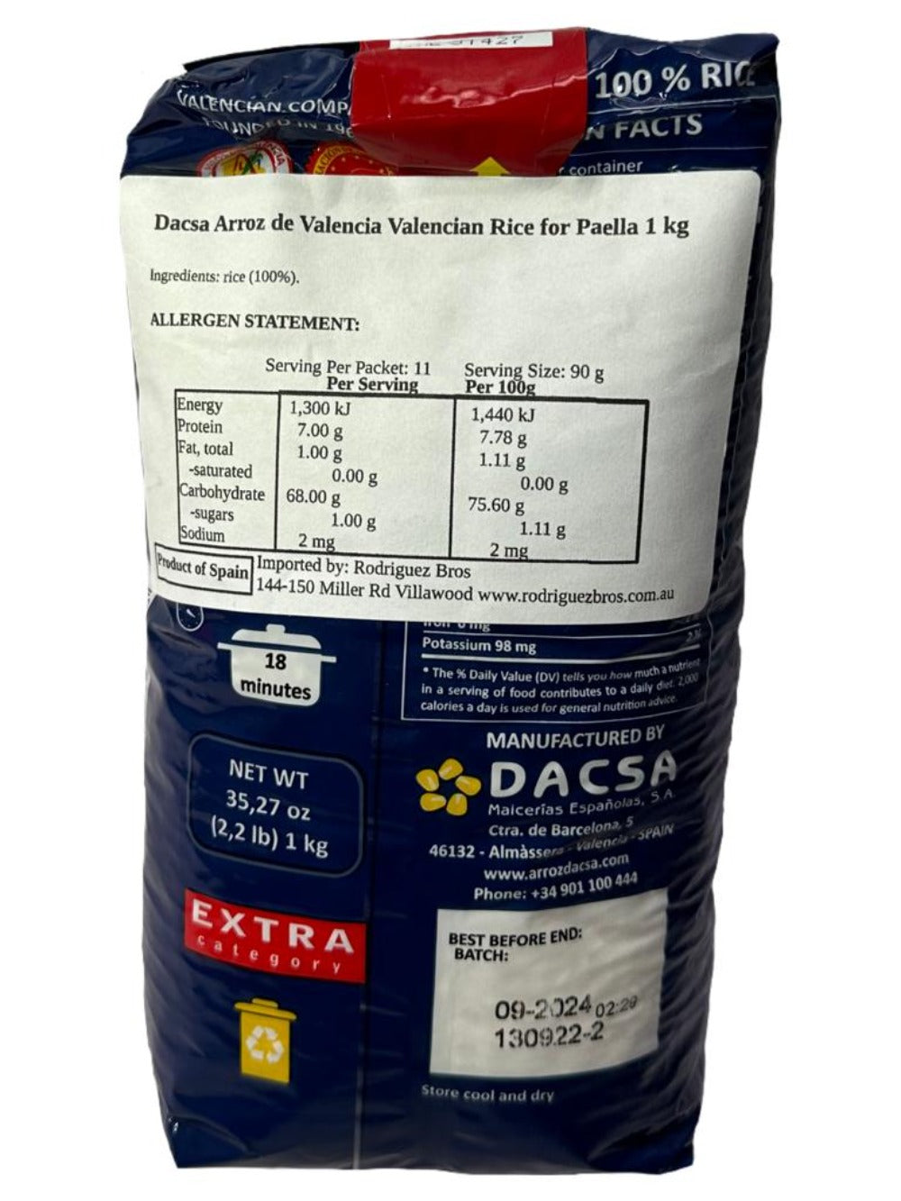 Dacsa Arroz de Valencia Valencian Rice for paella 1kg (Best Before 01-11-2025)