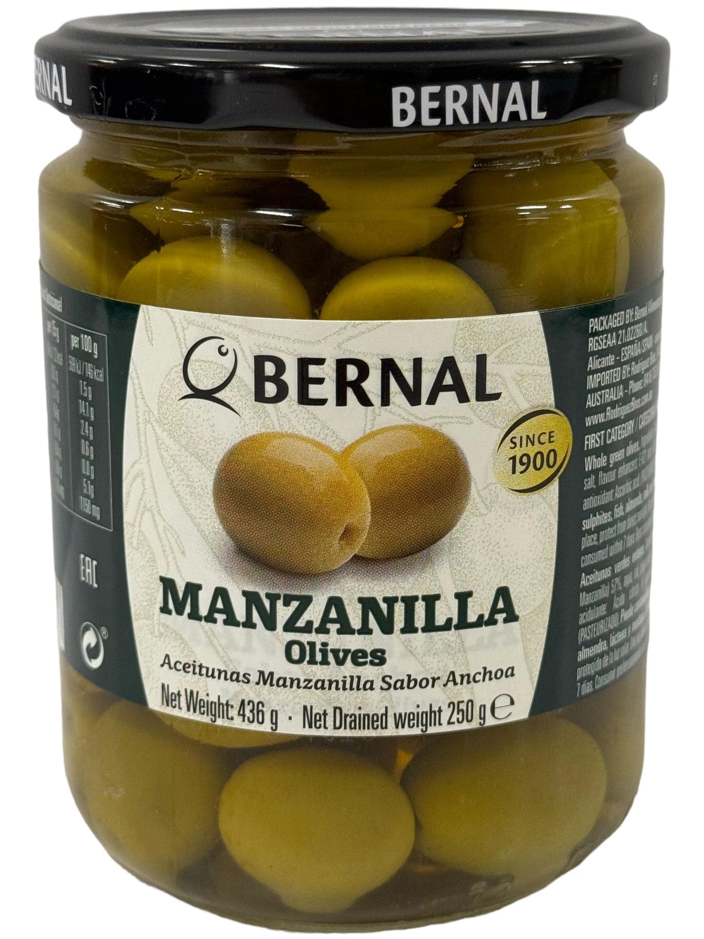 Bernal Manzanilla Olives 436g Best Before End of Jan 2027