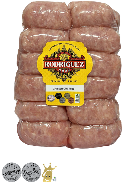 Fresh Chicken Chorizito Choricito 24 piece pack approx. 800g packet. Regular price $17.00. [You are guaranteed to receive at least 755g of product, equivalent price of $22.52 per kg.]
